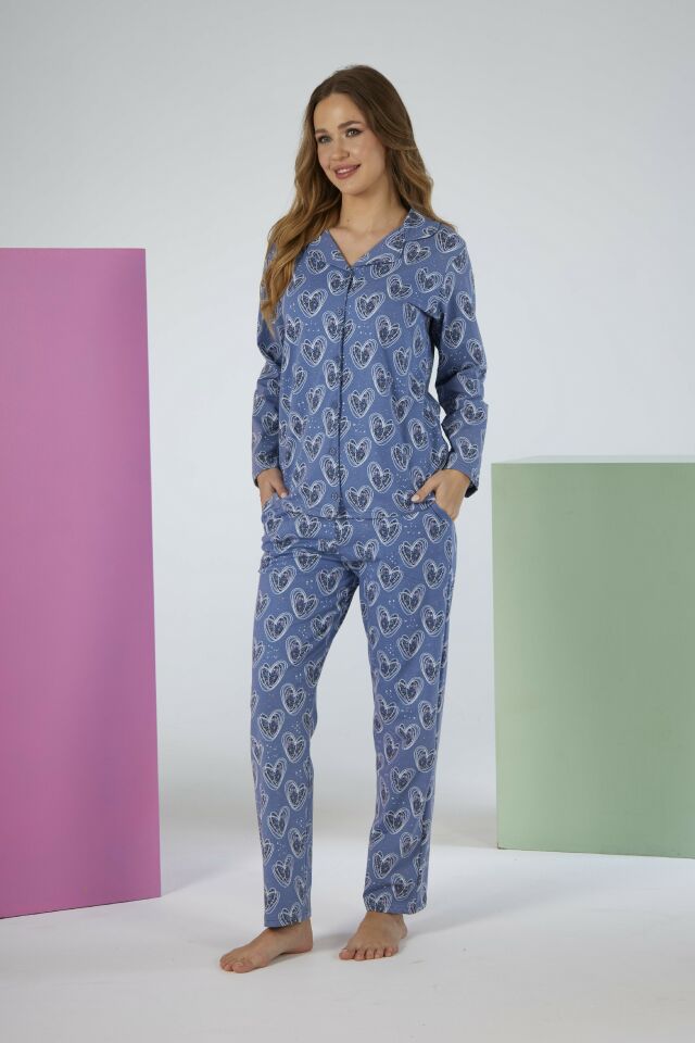 Kadın Yazlık Kalpli Önden Düğmeli Kısa Kollu Penye Lycra Pijama Takımı