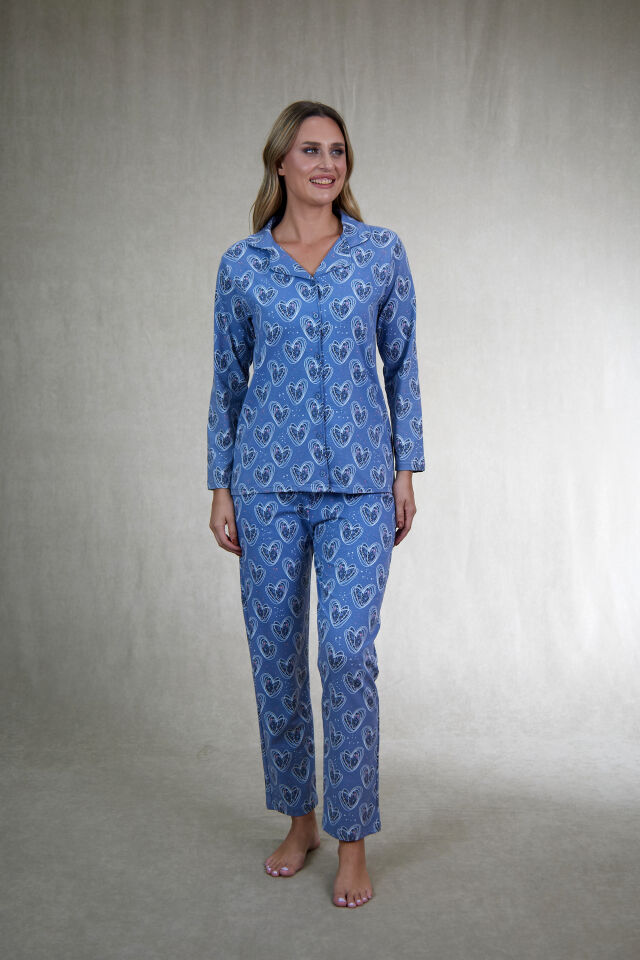 Kadın Yazlık Kalpli Önden Düğmeli Kısa Kollu Penye Lycra Pijama Takımı