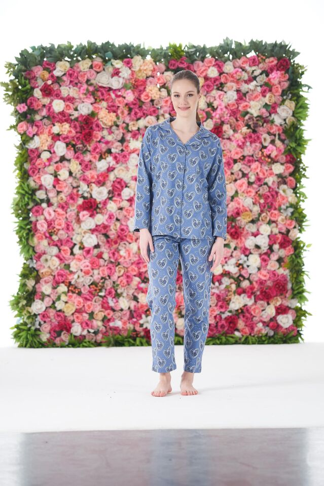 Kadın Yazlık Kalpli Önden Düğmeli Kısa Kollu Penye Lycra Pijama Takımı