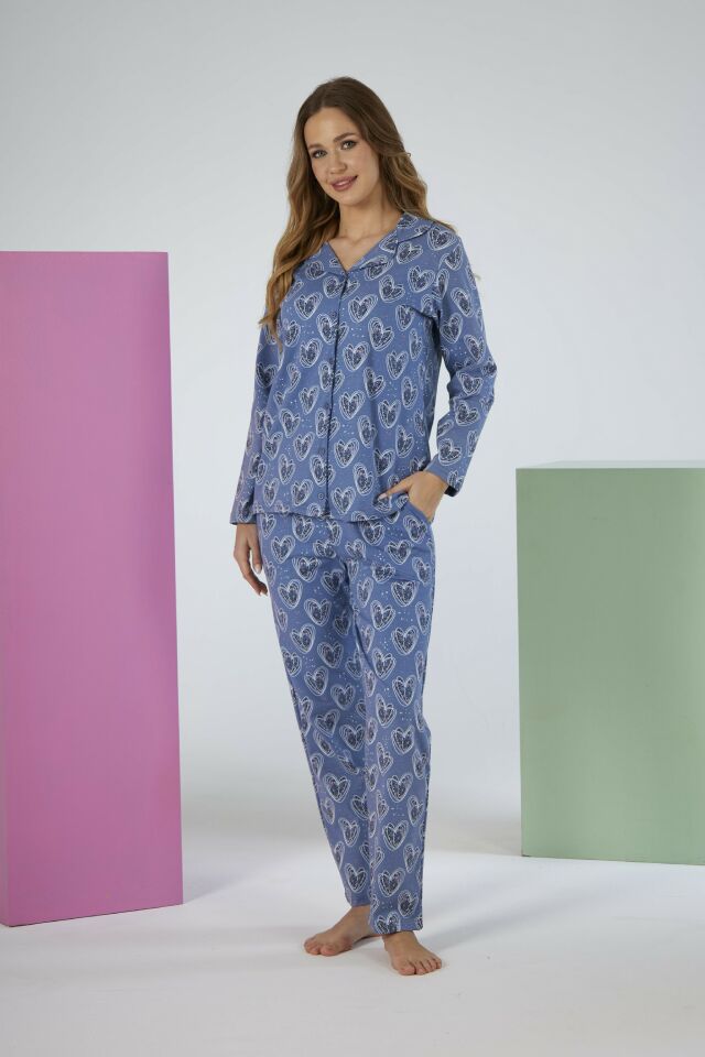 Kadın Yazlık Kalpli Önden Düğmeli Kısa Kollu Penye Lycra Pijama Takımı