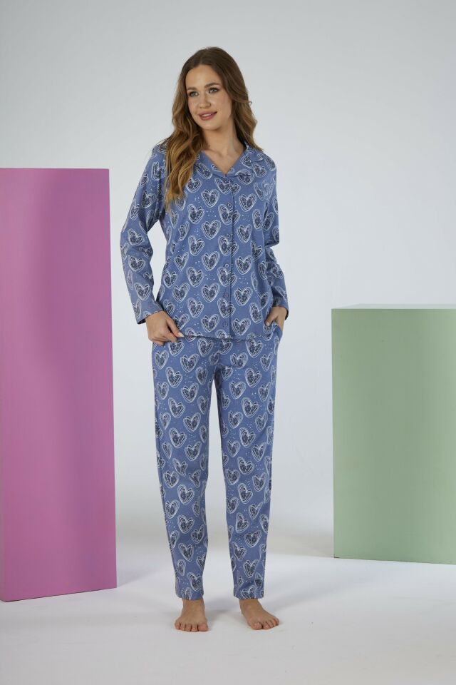 Kadın Yazlık Kalpli Önden Düğmeli Kısa Kollu Penye Lycra Pijama Takımı