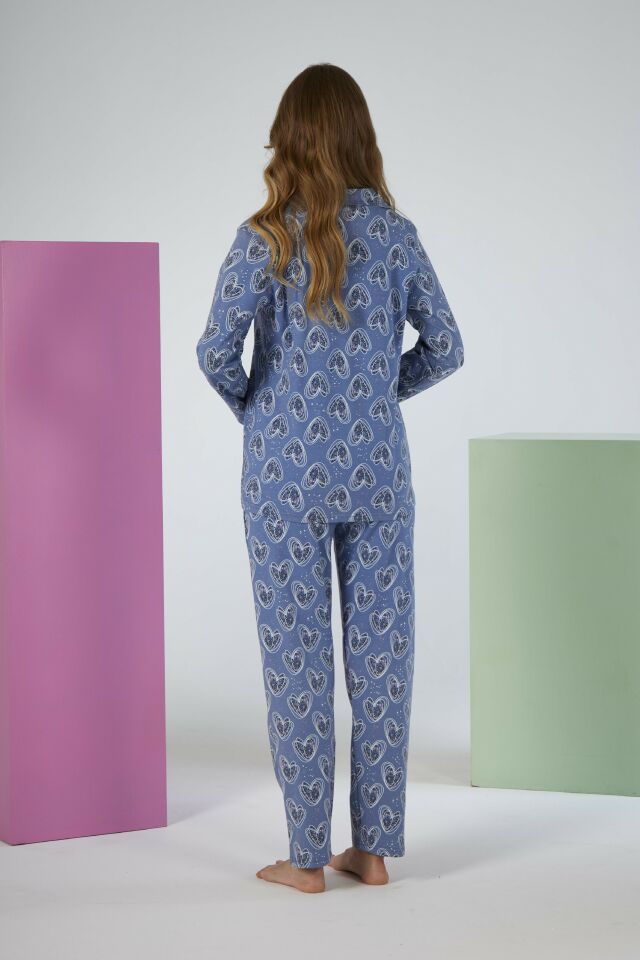 Kadın Yazlık Kalpli Önden Düğmeli Kısa Kollu Penye Lycra Pijama Takımı