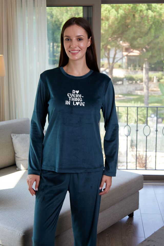 Estiva Kadın Everything Yazılı Kadife Pijama Takımı M - PETROL