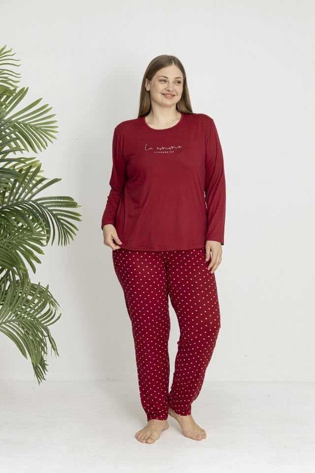 Estiva Kadın Puantiye Alt Desenli Soft Uzun Kollu Battal Pijama Takımı 3XL - Bordo