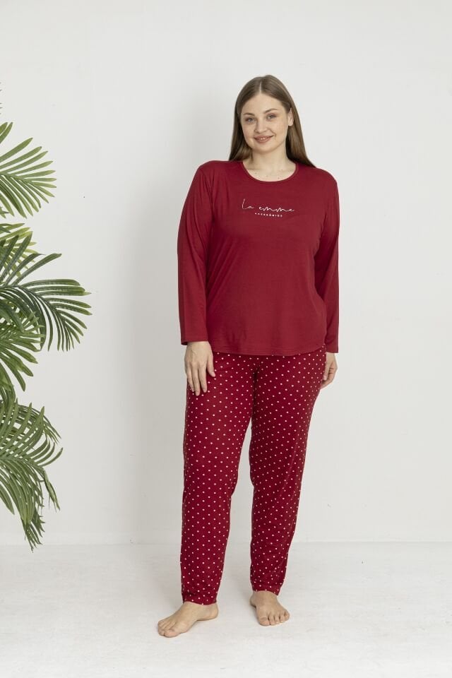 Estiva Kadın Puantiye Alt Desenli Soft Uzun Kollu Battal Pijama Takımı 3XL - Bordo
