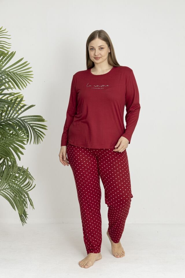 Estiva Kadın Puantiye Alt Desenli Soft Uzun Kollu Battal Pijama Takımı 3XL - Bordo