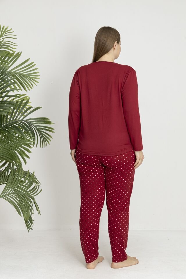 Estiva Kadın Puantiye Alt Desenli Soft Uzun Kollu Battal Pijama Takımı 3XL - Bordo