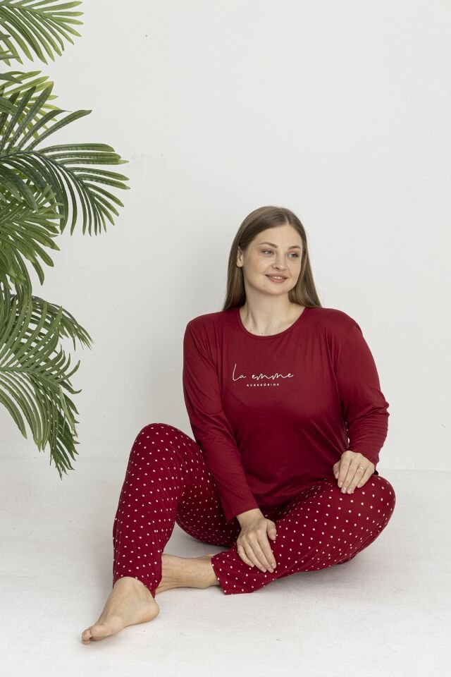 Estiva Kadın Puantiye Alt Desenli Soft Uzun Kollu Battal Pijama Takımı 3XL - Bordo