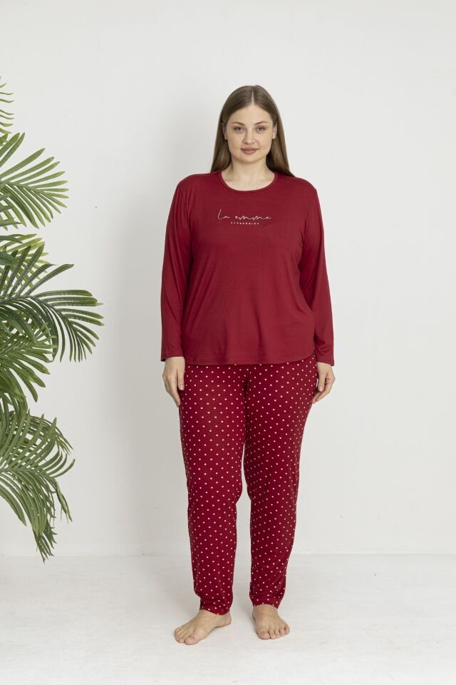 Estiva Kadın Puantiye Alt Desenli Soft Uzun Kollu Battal Pijama Takımı 4XL - Bordo