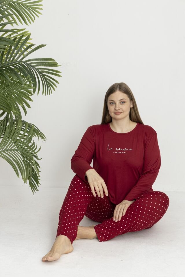 Estiva Kadın Puantiye Alt Desenli Soft Uzun Kollu Battal Pijama Takımı 4XL - Bordo