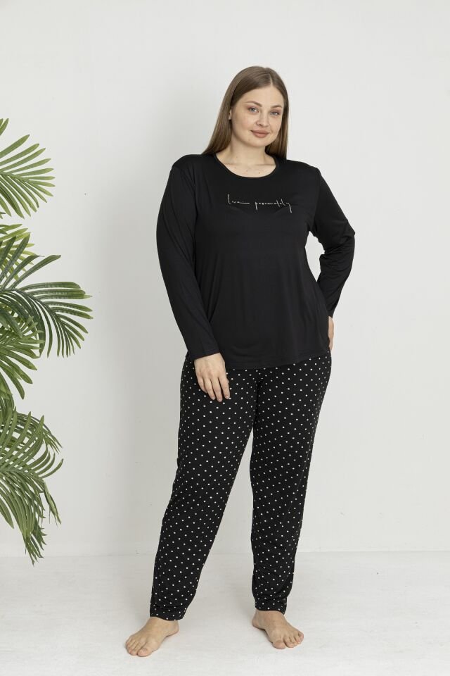 Estiva Kadın Puantiye Alt Desenli Soft Uzun Kollu Battal Pijama Takımı Siyah - 3XL