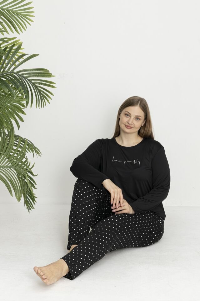 Estiva Kadın Puantiye Alt Desenli Soft Uzun Kollu Battal Pijama Takımı Siyah - 3XL