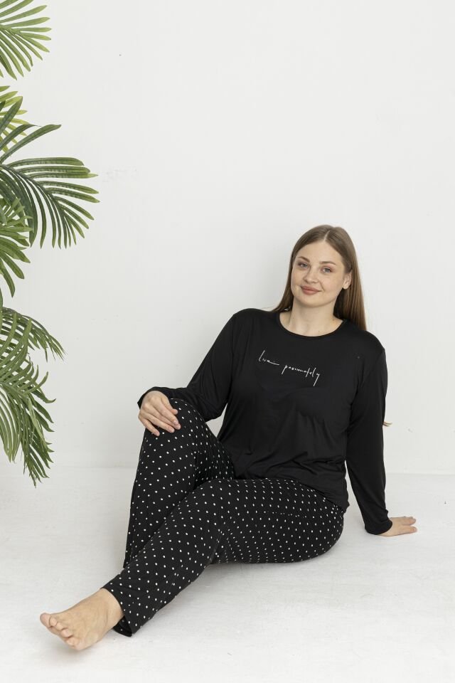 Estiva Kadın Puantiye Alt Desenli Soft Uzun Kollu Battal Pijama Takımı Siyah - 4XL