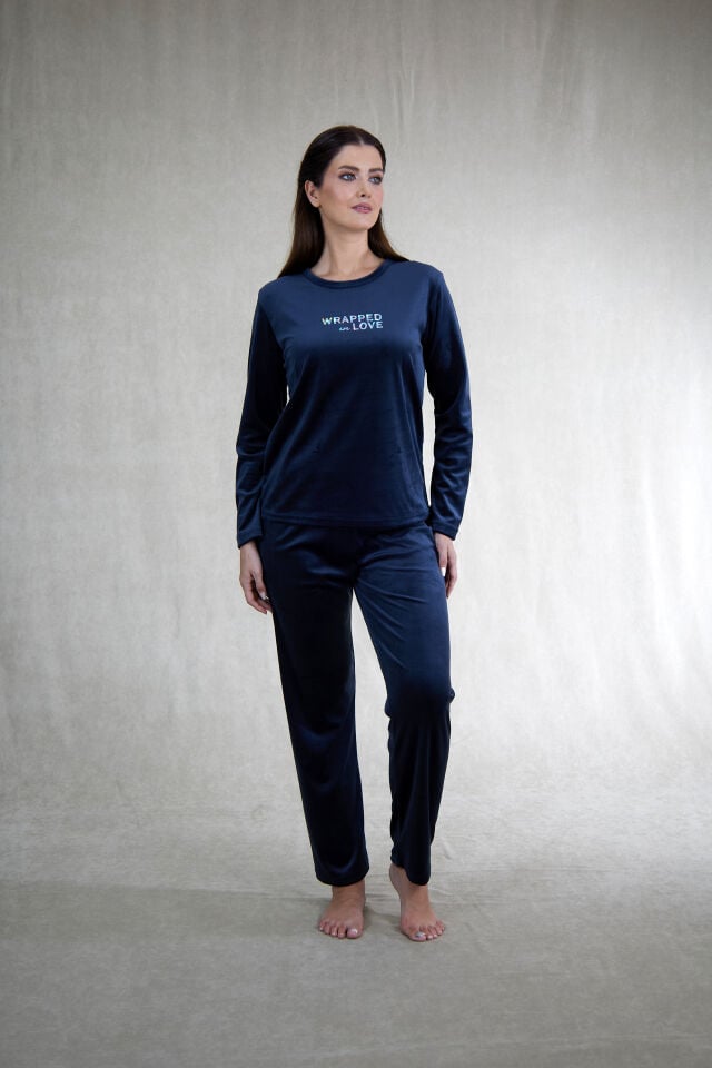 Estiva Kadın Wrapped Yazılı Kadife Pijama Takımı