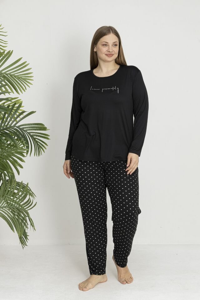 Estiva Kadın Puantiye Alt Desenli Soft Uzun Kollu Battal Pijama Takımı Siyah - 5XL