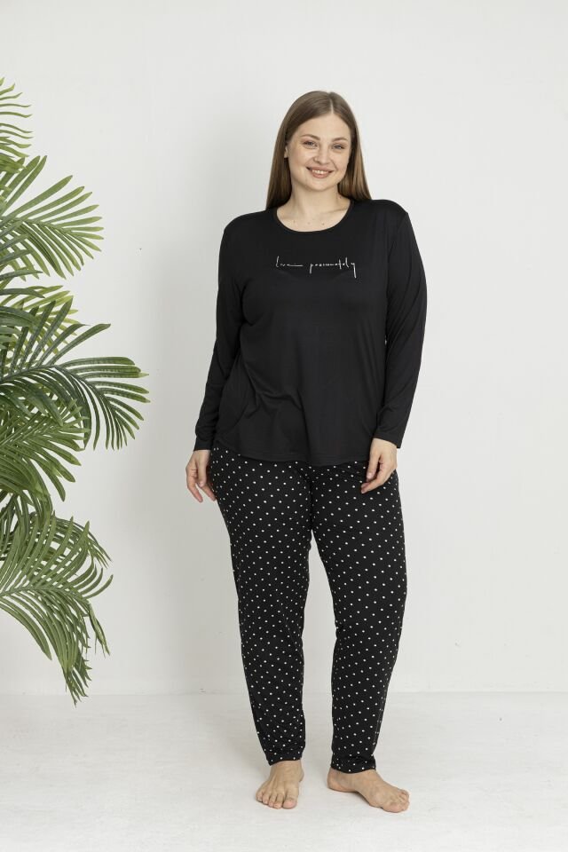 Estiva Kadın Puantiye Alt Desenli Soft Uzun Kollu Battal Pijama Takımı Siyah - 5XL