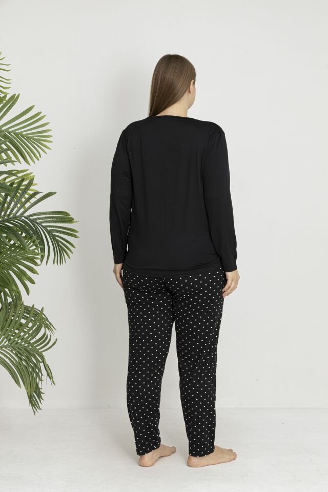 Estiva Kadın Puantiye Alt Desenli Soft Uzun Kollu Battal Pijama Takımı Siyah - 5XL