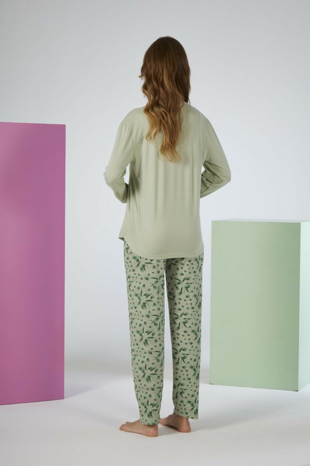 Estiva Kadın Flora Alt Desenli Soft Uzun Kollu Pijama Takımı M - Yeşil