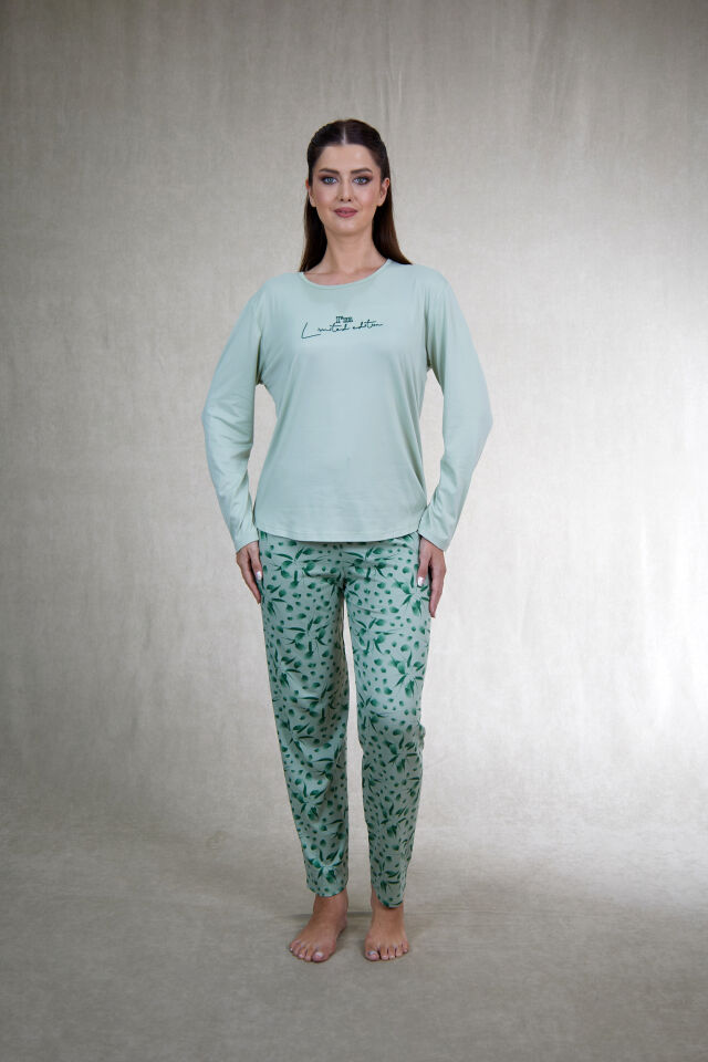 Estiva Kadın Flora Alt Desenli Soft Uzun Kollu Pijama Takımı L - Yeşil