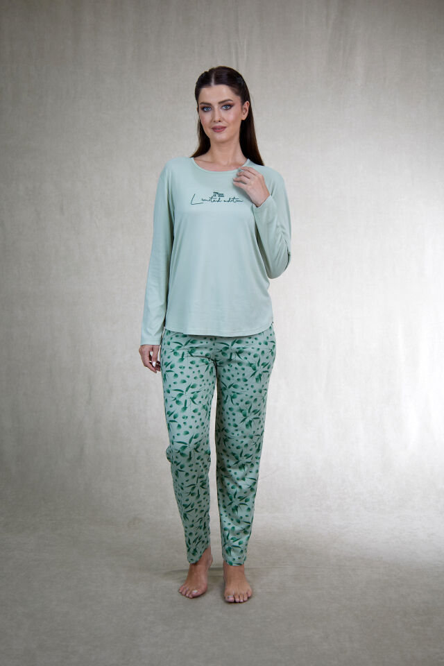 Estiva Kadın Flora Alt Desenli Soft Uzun Kollu Pijama Takımı L - Yeşil