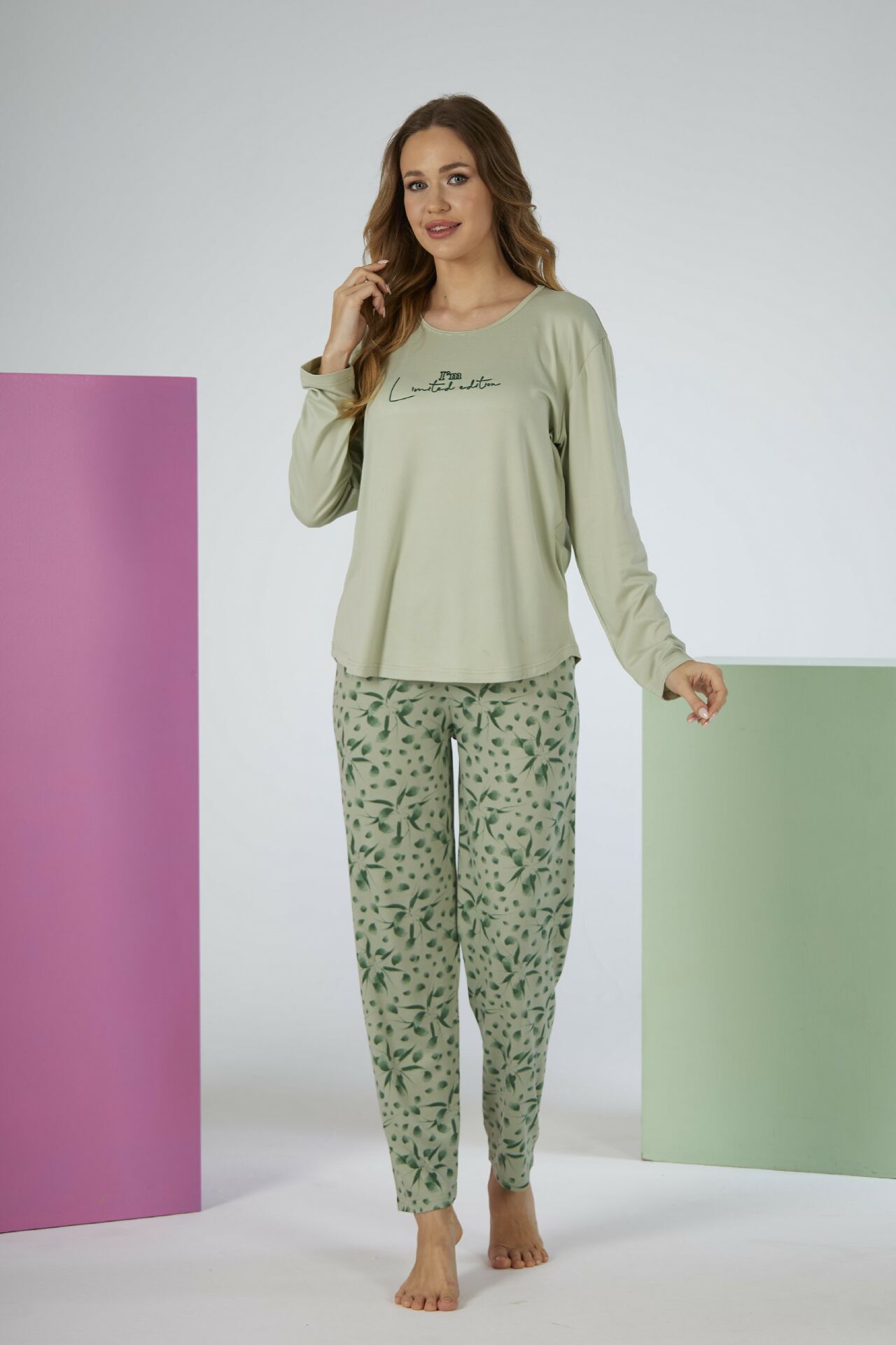 Estiva Kadın Flora Alt Desenli Soft Uzun Kollu Pijama Takımı XL - Yeşil