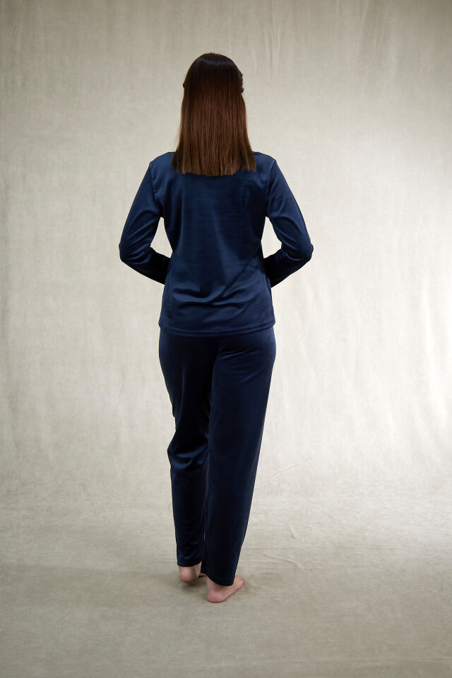 Estiva Kadın Wrapped Yazılı Kadife Pijama Takımı Lacivert - M