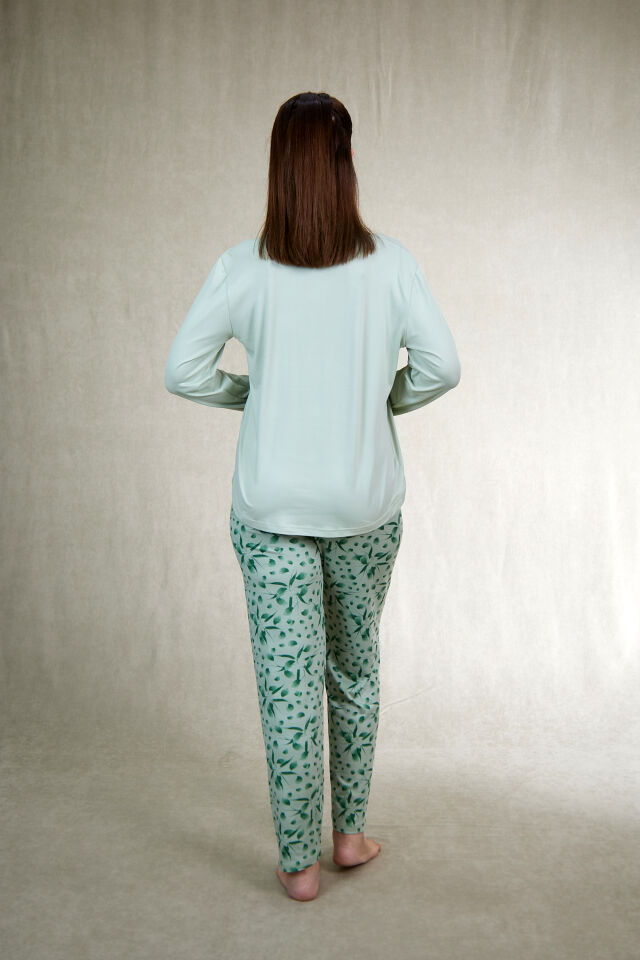 Estiva Kadın Flora Alt Desenli Soft Uzun Kollu Pijama Takımı 2XL - Yeşil
