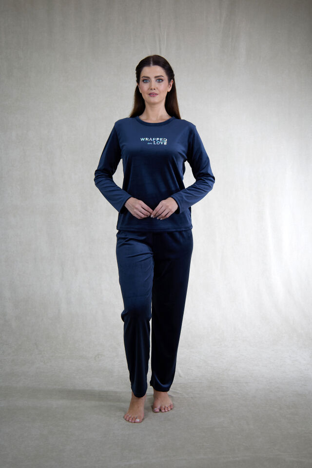 Estiva Kadın Wrapped Yazılı Kadife Pijama Takımı Lacivert - L