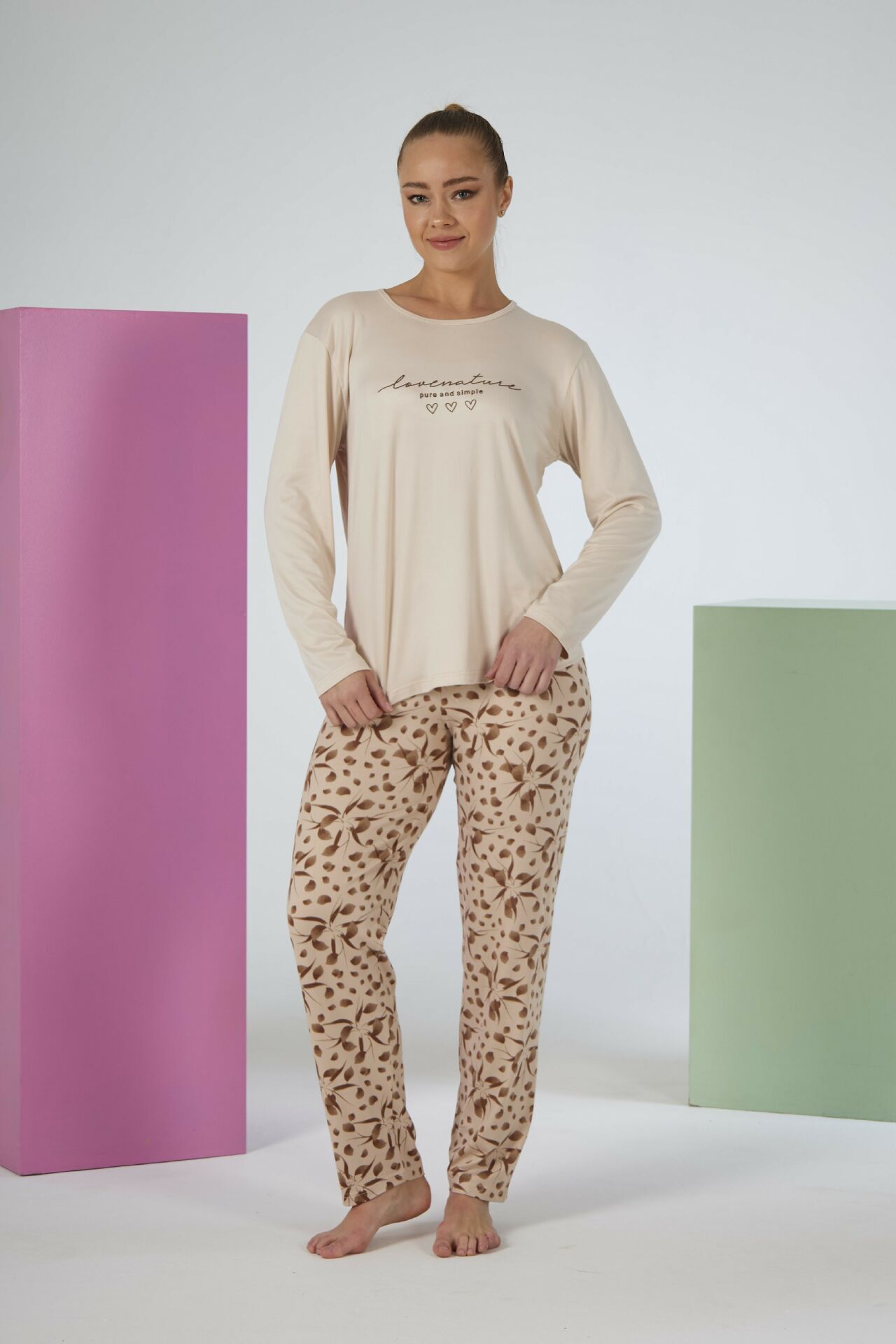 Estiva Kadın Flora Alt Desenli Soft Uzun Kollu Pijama Takımı M - Bej