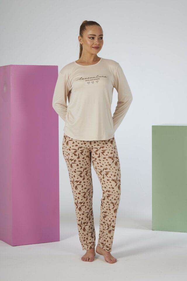 Estiva Kadın Flora Alt Desenli Soft Uzun Kollu Pijama Takımı 2XL - Bej