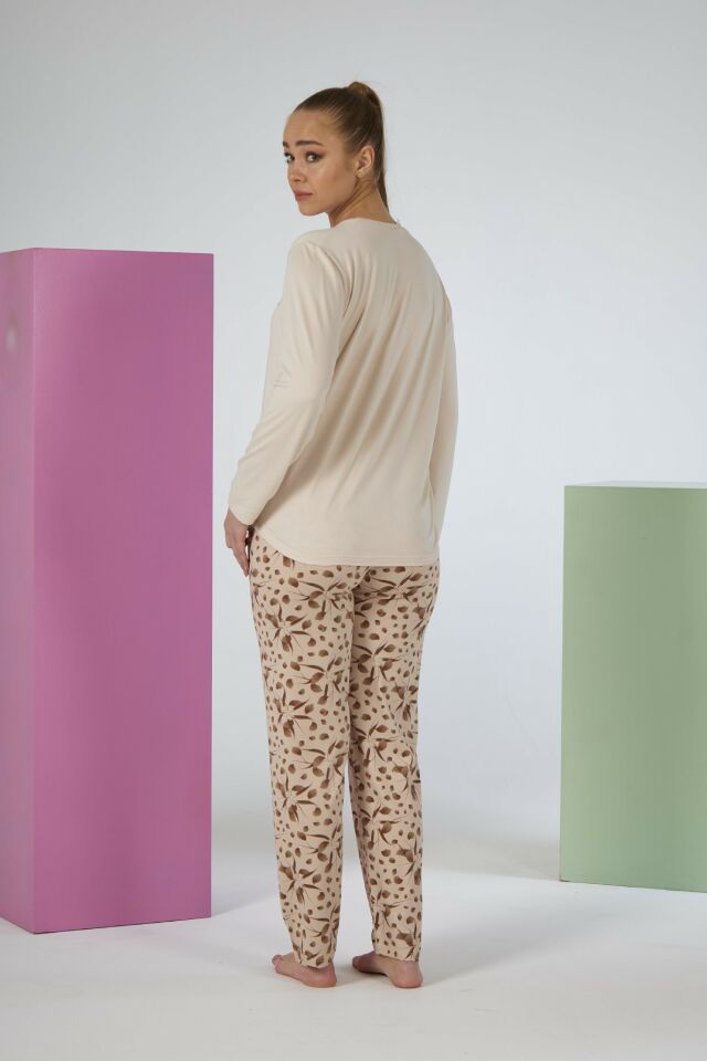 Estiva Kadın Flora Alt Desenli Soft Uzun Kollu Pijama Takımı 2XL - Bej