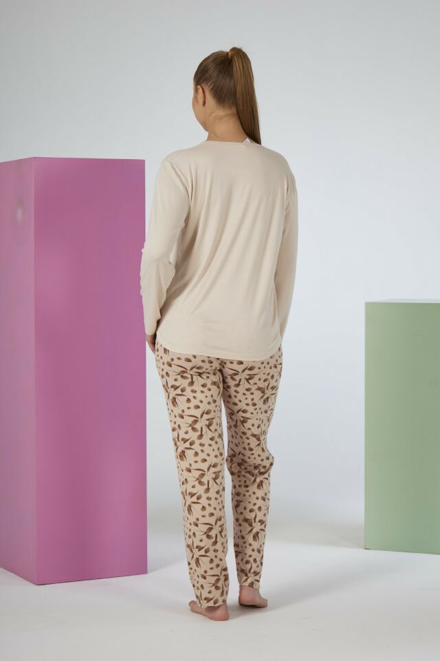 Estiva Kadın Flora Alt Desenli Soft Uzun Kollu Pijama Takımı 2XL - Bej