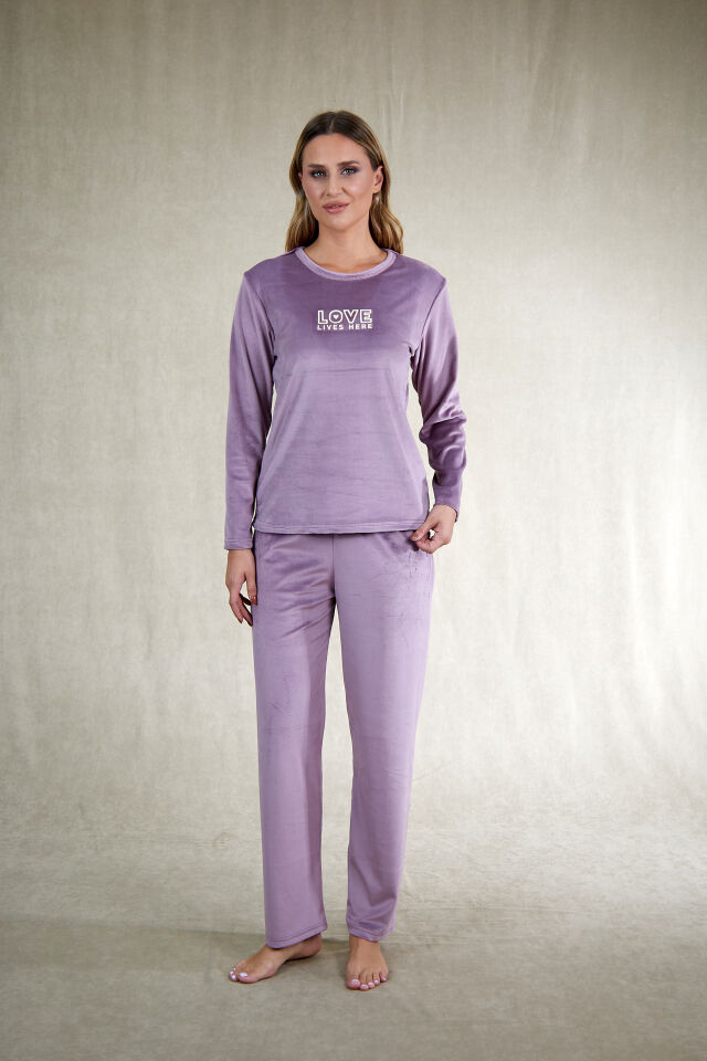 Estiva Kadın Love Yazılı Kadife Pijama Takımı M - Lila