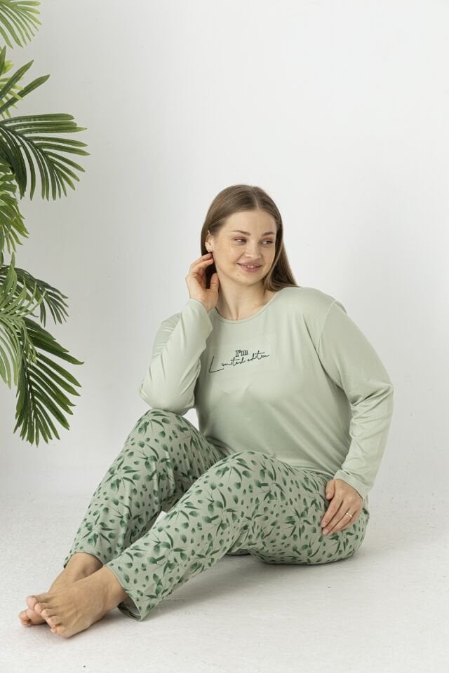 Estiva Kadın Flora Alt Desenli Soft Uzun Kollu Battal Pijama Takımı