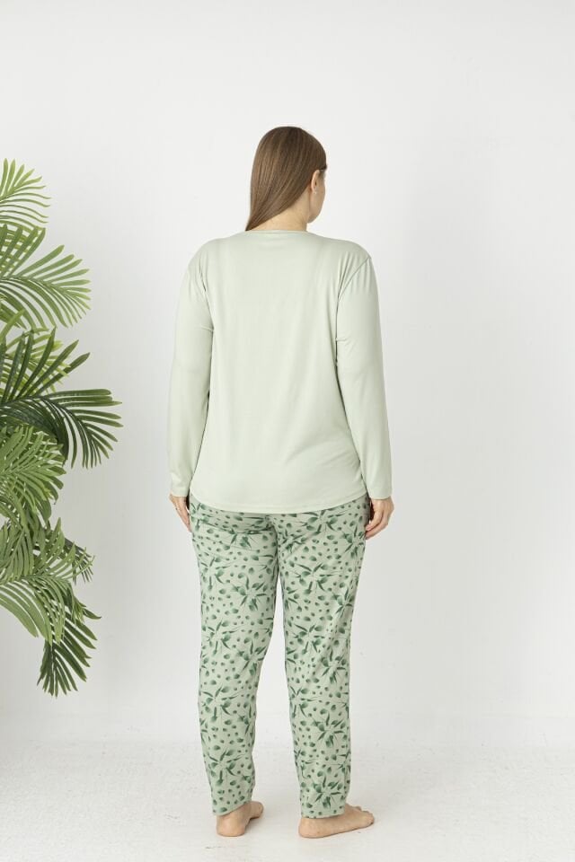 Estiva Kadın Flora Alt Desenli Soft Uzun Kollu Battal Pijama Takımı 3XL - Yeşil