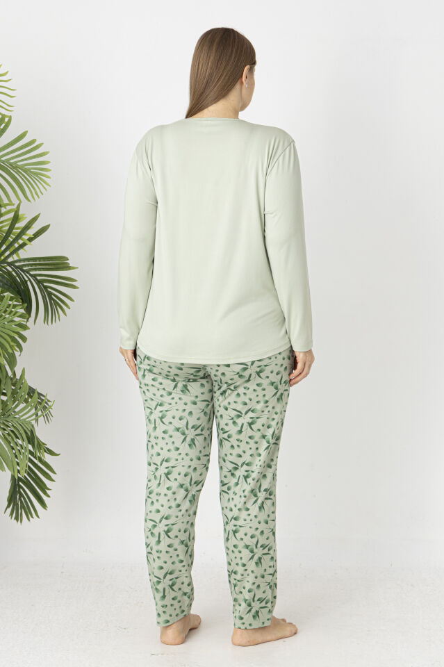 Estiva Kadın Flora Alt Desenli Soft Uzun Kollu Battal Pijama Takımı 3XL - Yeşil