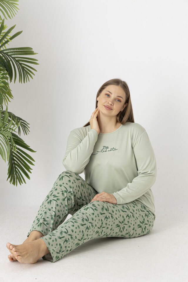 Estiva Kadın Flora Alt Desenli Soft Uzun Kollu Battal Pijama Takımı 3XL - Yeşil