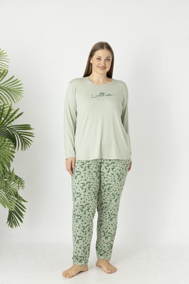 Estiva Kadın Flora Alt Desenli Soft Uzun Kollu Battal Pijama Takımı 4XL - Yeşil