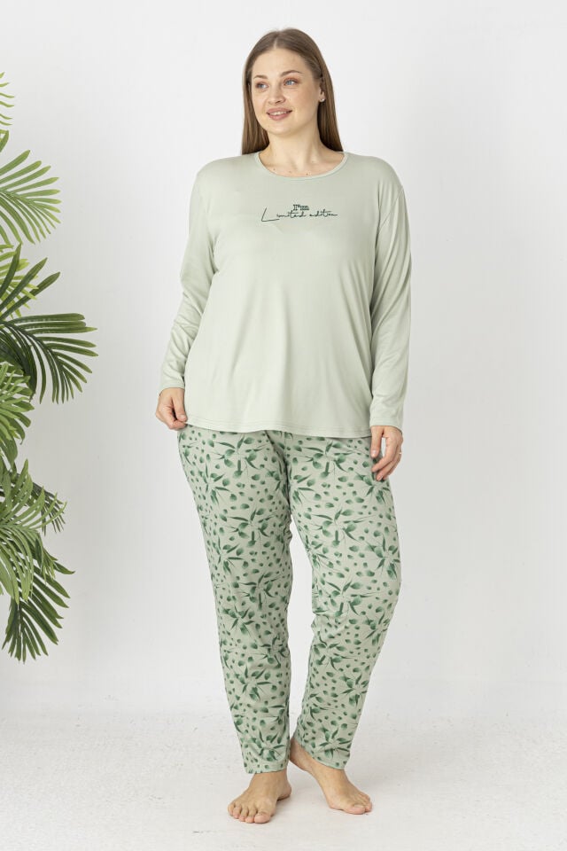Estiva Kadın Flora Alt Desenli Soft Uzun Kollu Battal Pijama Takımı 4XL - Yeşil