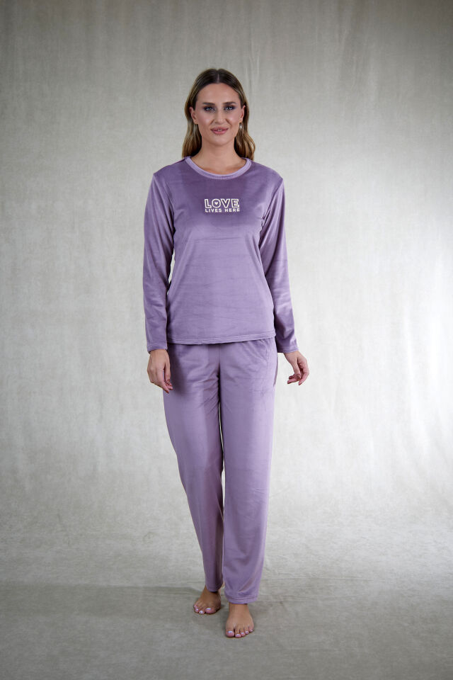 Estiva Kadın Love Yazılı Kadife Pijama Takımı 2XL - Lila