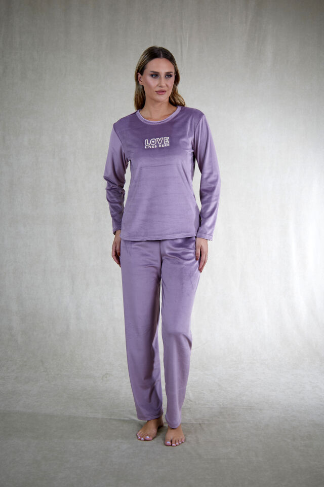 Estiva Kadın Love Yazılı Kadife Pijama Takımı 2XL - Lila