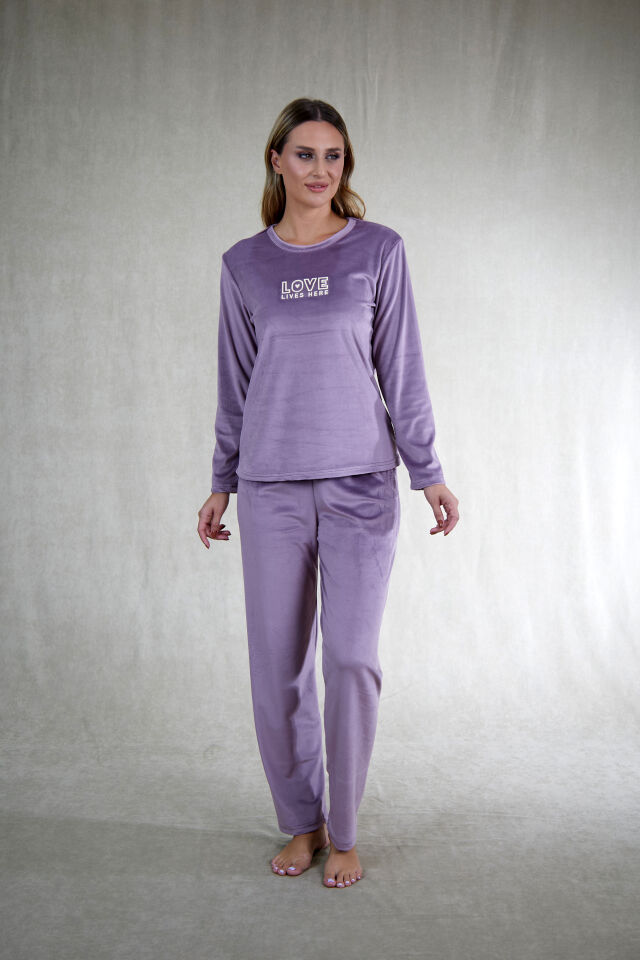 Estiva Kadın Love Yazılı Kadife Pijama Takımı 2XL - Lila