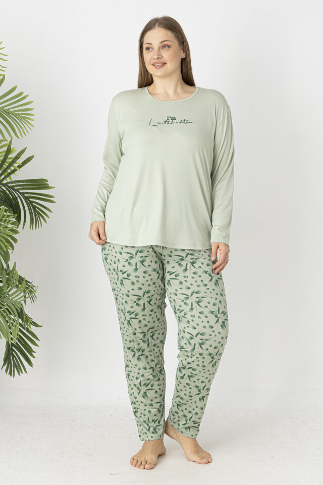 Estiva Kadın Flora Alt Desenli Soft Uzun Kollu Battal Pijama Takımı 5XL - Yeşil