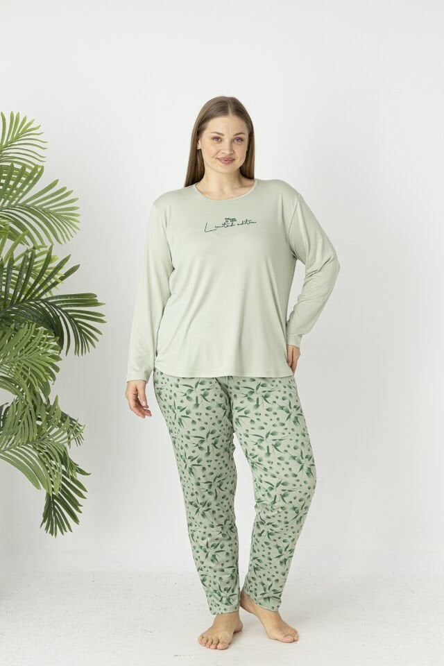 Estiva Kadın Flora Alt Desenli Soft Uzun Kollu Battal Pijama Takımı 5XL - Yeşil
