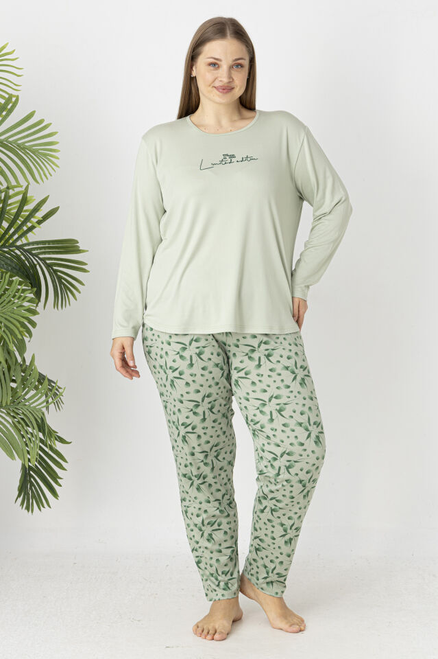 Estiva Kadın Flora Alt Desenli Soft Uzun Kollu Battal Pijama Takımı 5XL - Yeşil
