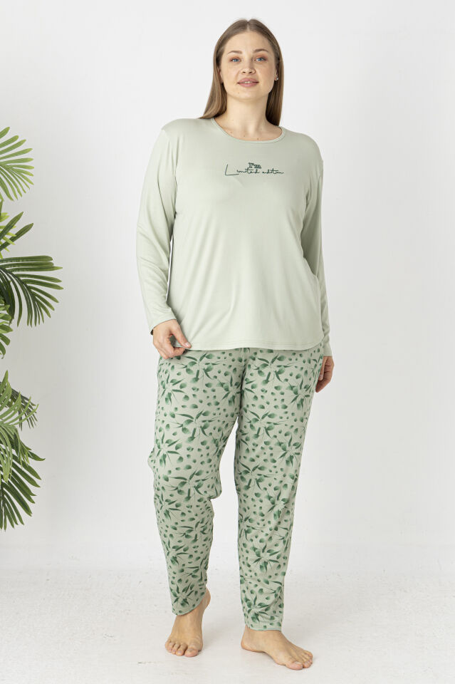 Estiva Kadın Flora Alt Desenli Soft Uzun Kollu Battal Pijama Takımı 5XL - Yeşil