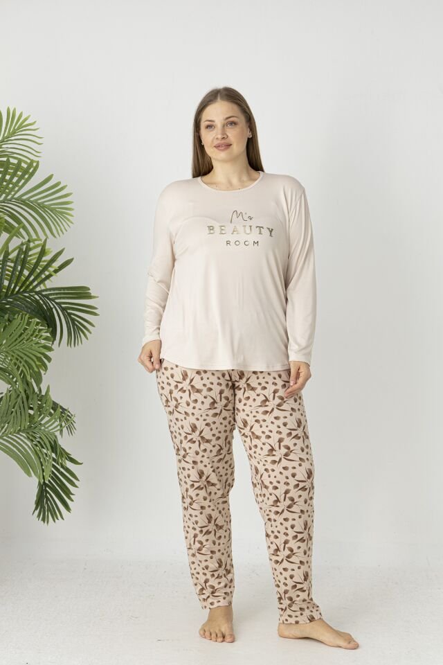 Estiva Kadın Flora Alt Desenli Soft Uzun Kollu Battal Pijama Takımı 4XL - Bej
