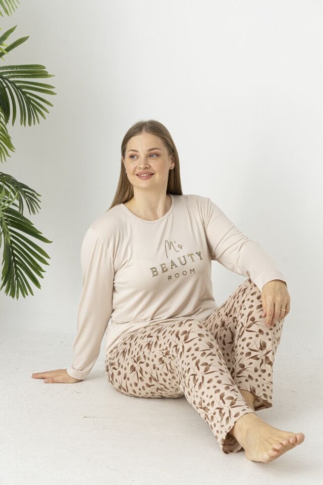 Estiva Kadın Flora Alt Desenli Soft Uzun Kollu Battal Pijama Takımı 4XL - Bej