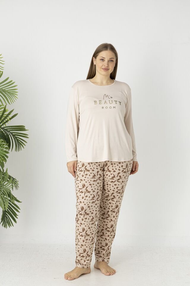 Estiva Kadın Flora Alt Desenli Soft Uzun Kollu Battal Pijama Takımı 5XL - Bej