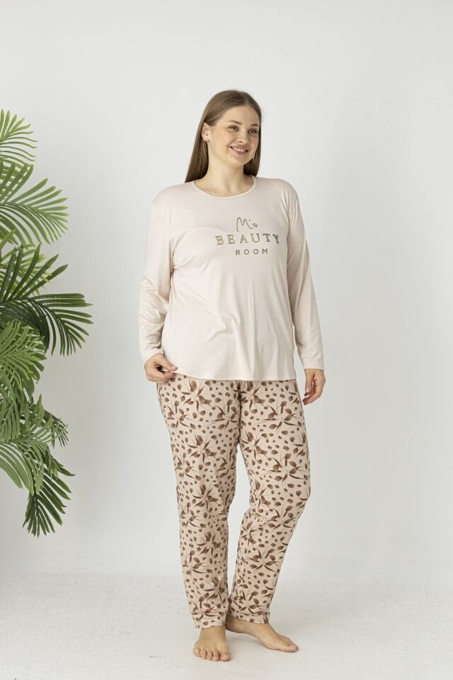 Estiva Kadın Flora Alt Desenli Soft Uzun Kollu Battal Pijama Takımı 5XL - Bej